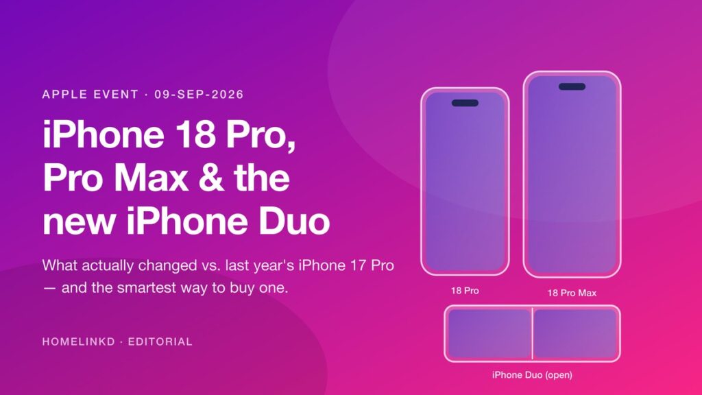 Illustration of the iPhone 18 Pro, iPhone 18 Pro Max and the open iPhone Duo on the Homelinkd gradient, Apple event 09-Sep-2026